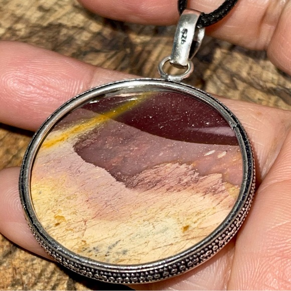 Detailed Round Burgundy & Yellow Mookaite Pendant 2” - Picture 12 of 15
